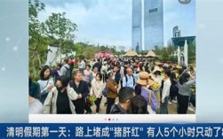 清明路上堵成一片，车流涌动，行路难如蜗牛爬行，有人五小时仅行八百米