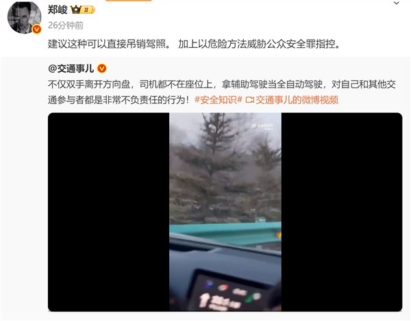 辅助驾驶被滥用，司机双手离方向盘不在座位上，网友呼吁严厉处罚-图1