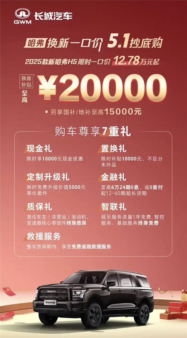 长城哈弗H5 2025款限时一口价公布,全尺寸SUV仅需12.78万起售-图1 长城哈弗H5 2025款限时一口价公布,全尺寸SUV仅需12.78万起售-图1